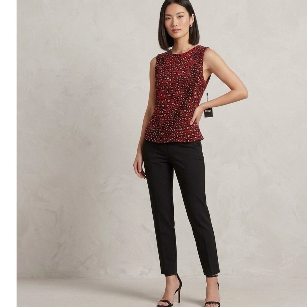DKNY Womens Red Leopard Print Ruched Mesh Sleeveless Top Size L NWT